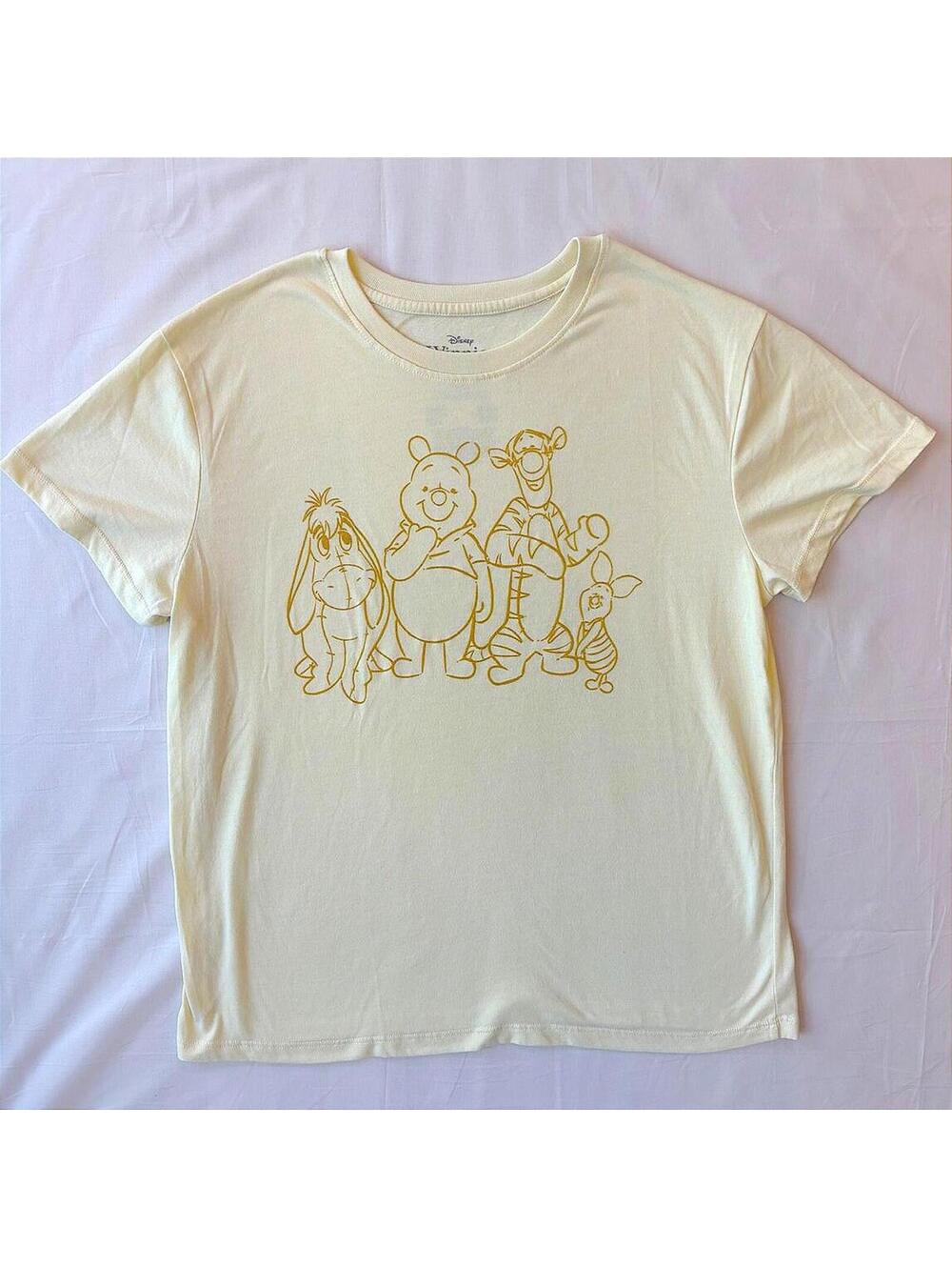 Disney Winnie the Pooh Eeyore Tigger Piglet Gold Line Art T-Shirt Cream Size L